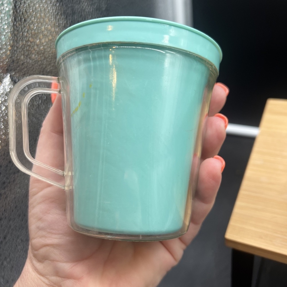 Set Of 4 Vintage Burrite Double Walled Insulated Teal Mugs gold leaf 10 oz - Picture 6 of 9